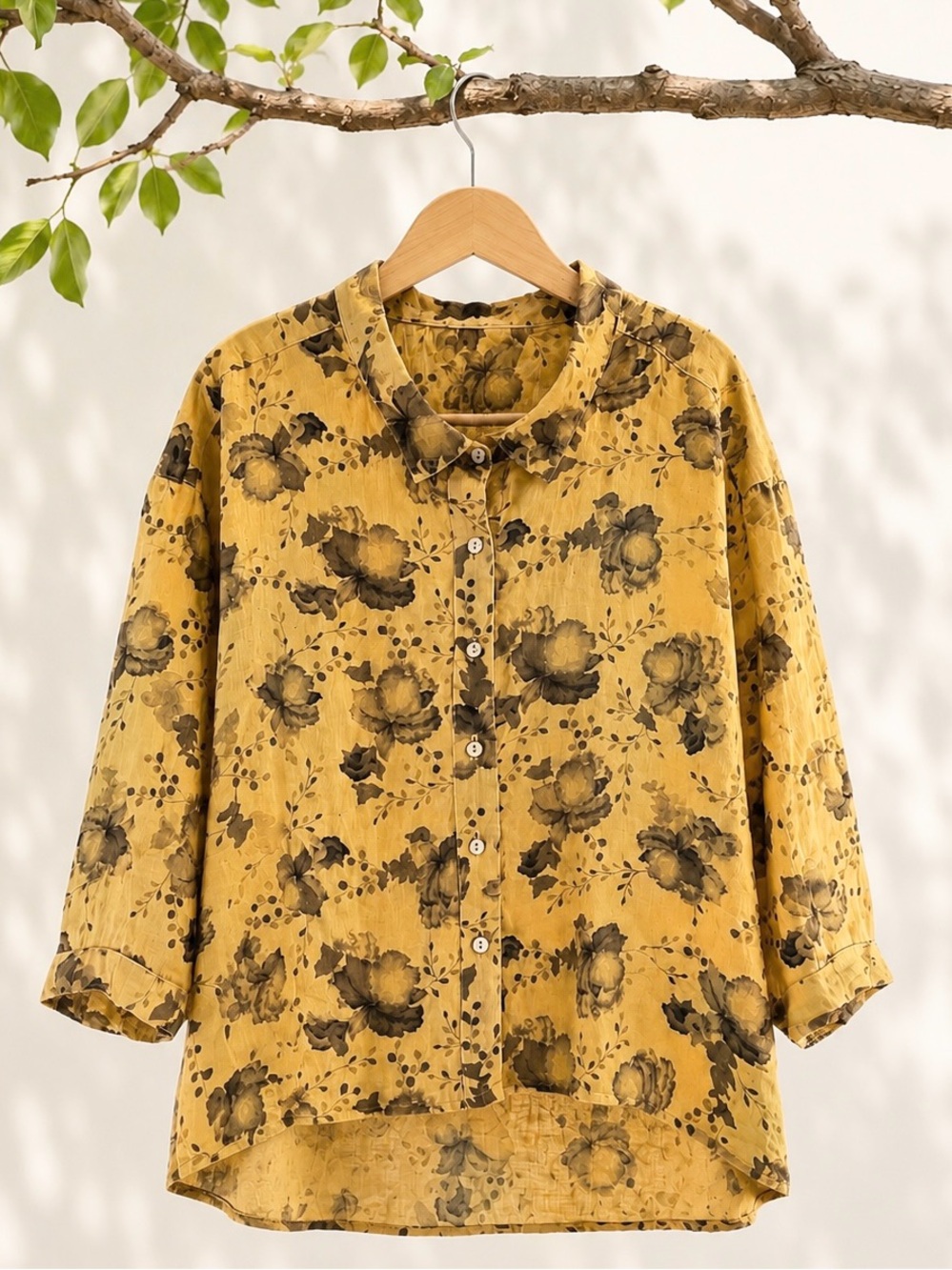 Cut Loose Mustard Floral Oversized Art-to-Wear High-Low Button Front Blouse Top